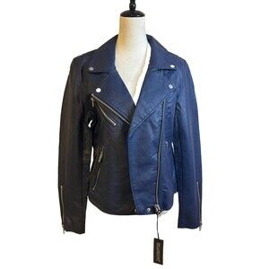 BlankNYC Womens Blue Vegan Leather Motorcycle Jacket Full Zip Size L NWT Biker